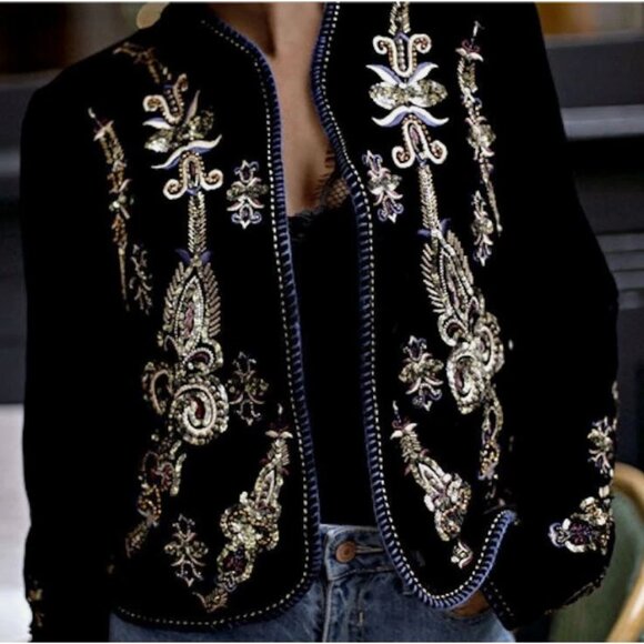Zara Premium Black Velvet Embroidered Embellished Sequin Beaded Blazer Jacket(M) - Picture 1 of 7